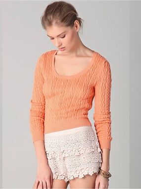 Free People Peach Textured Scoop-Neck Sweater